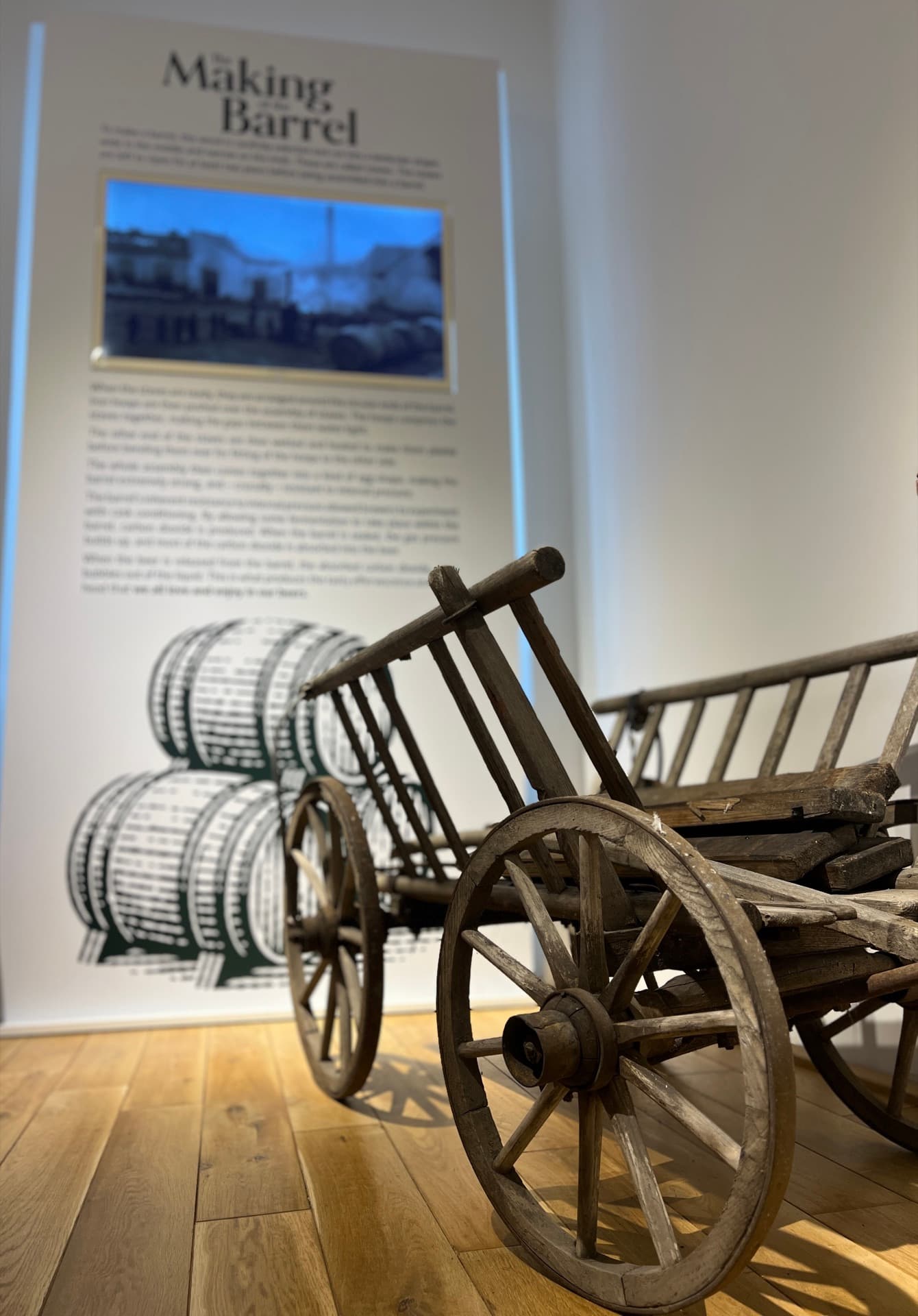 Wooden brewery cart in the barrel-making exhibit